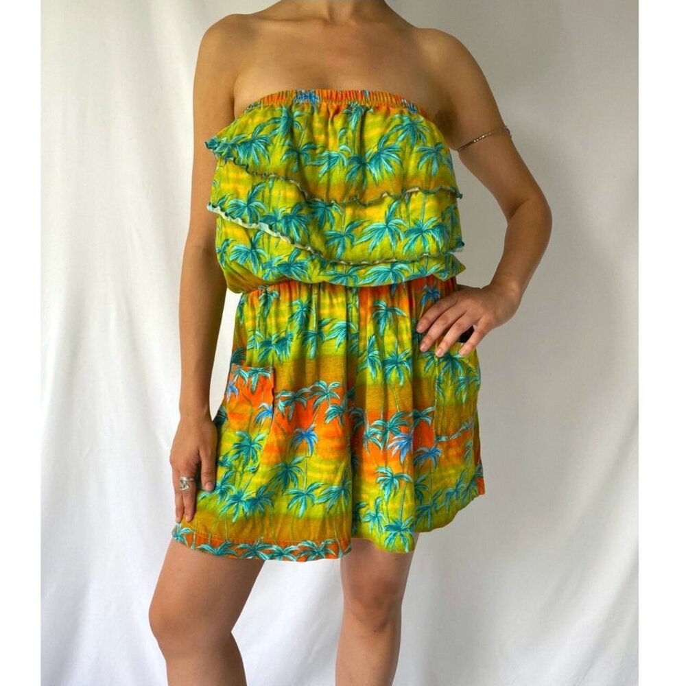 80s vintage tropical vacation palm tree print ruffle strapless romper playsuit